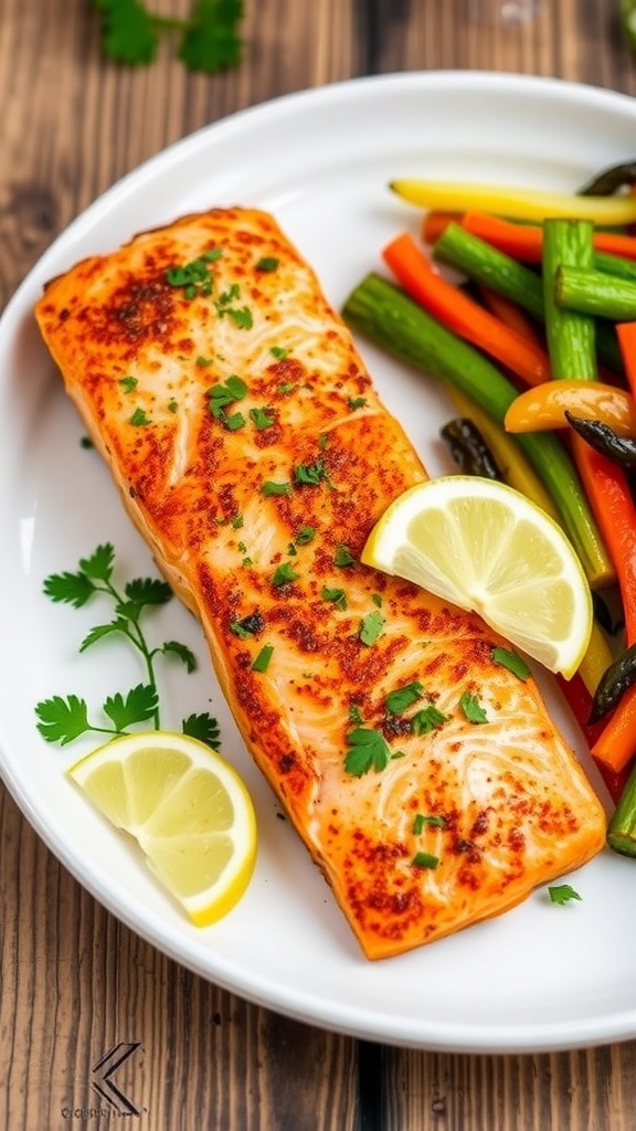 Healthy Air Fryer Salmon Recipe Air fryer salmon fillet garnished with herbs and lemon on a plate with vegetables.
